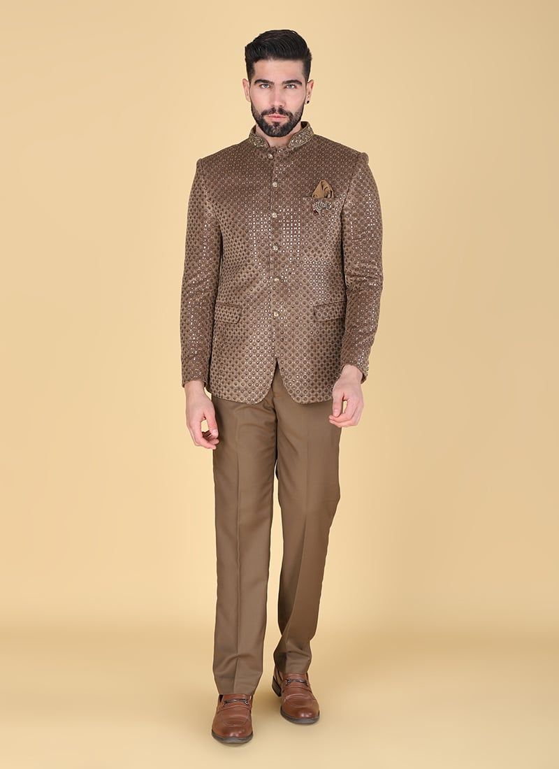 Brown Polyester Cotton Sequins Beads Bandhgala Suit Wedding Wear