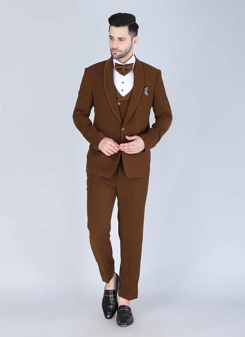 Brown Polyester Cotton Tuxedo Suit Wedding Wear