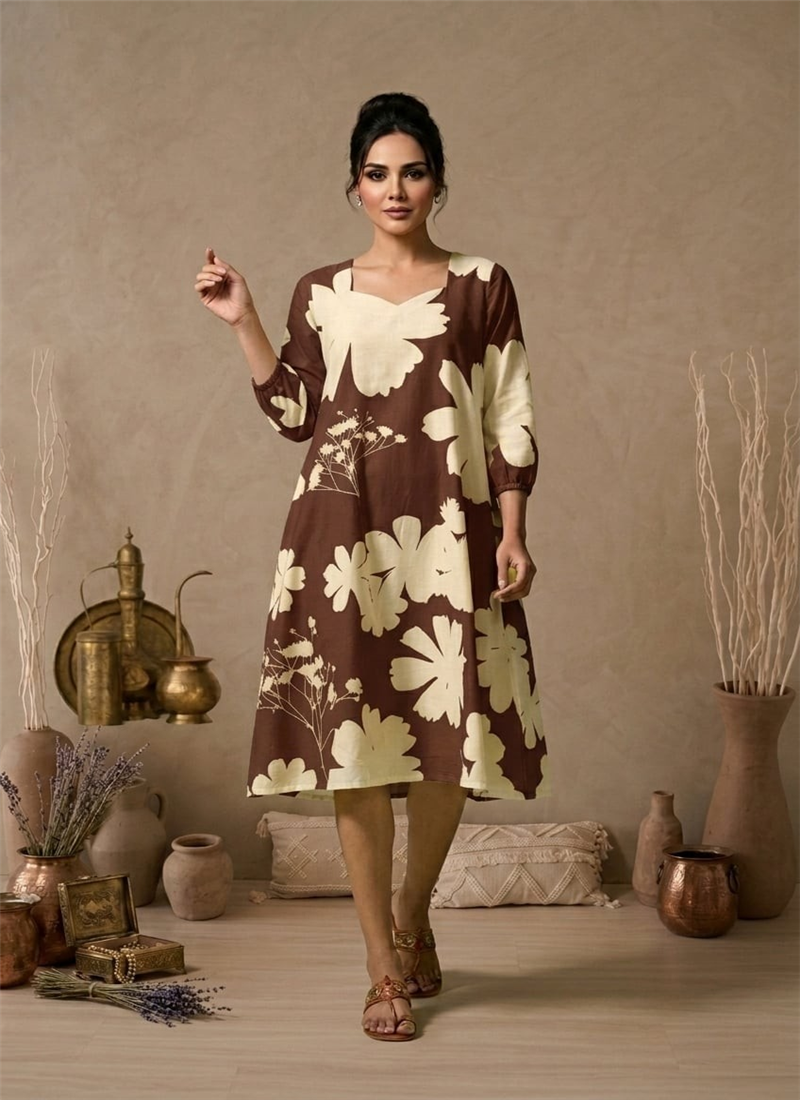 Brown Printed Cotton Floral Dress After Six Wear