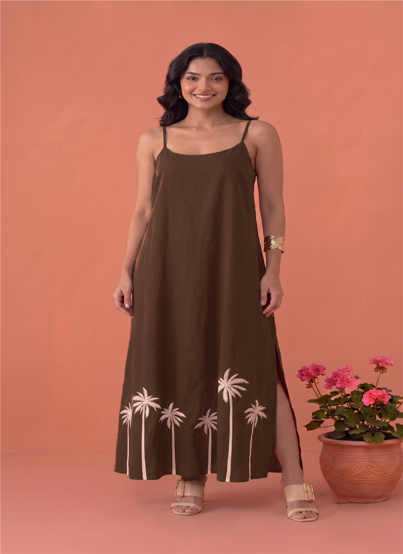 Brown Printed Cotton Palm Tree Maxi Dress After Six Wear