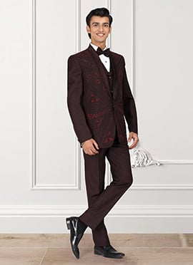 Dark Brown Rayon Beads Hand Embroidered Suit