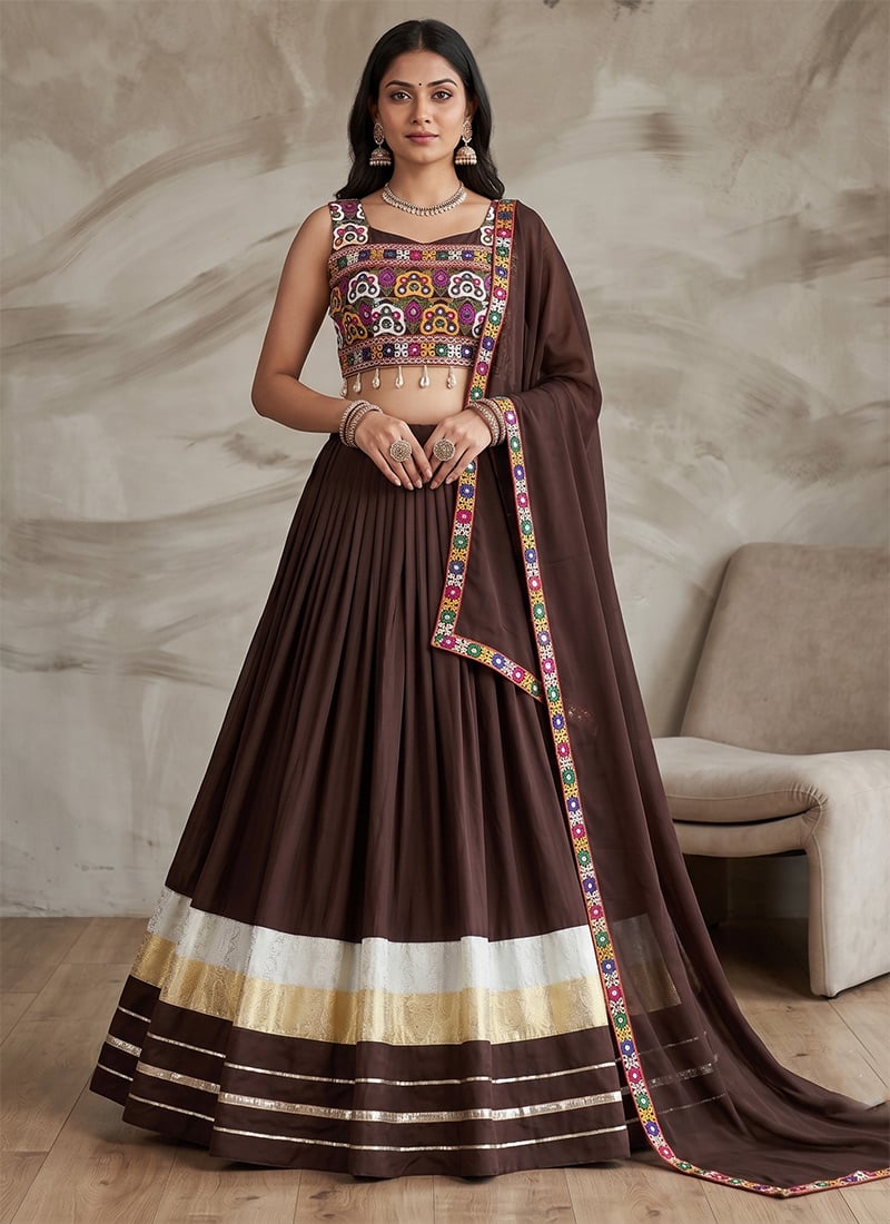 Brown Rayon Cotton Embroidered Mirror Work Chaniya Choli Festive Wear