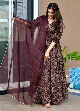 Brown Rayon Digital Print Anarkali Suit