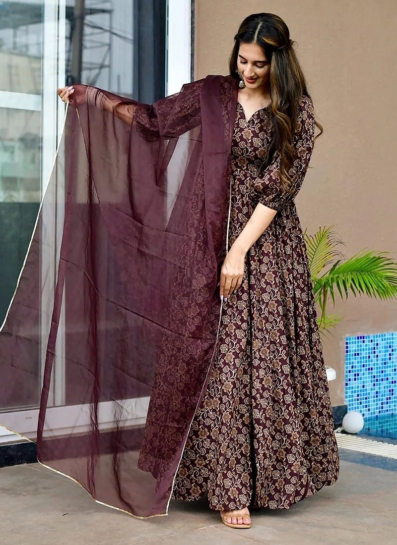 Brown Rayon Digital Print Anarkali Suit After Six Wear