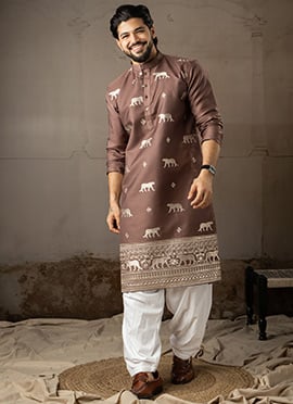Brown Rayon Embroidered Kurta Pyjama For Men
