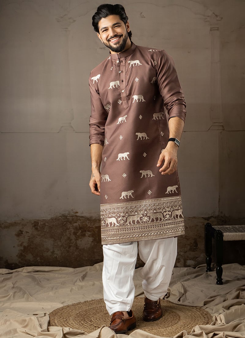 Brown Rayon Embroidered Kurta Pyjama For Men Festive Wear
