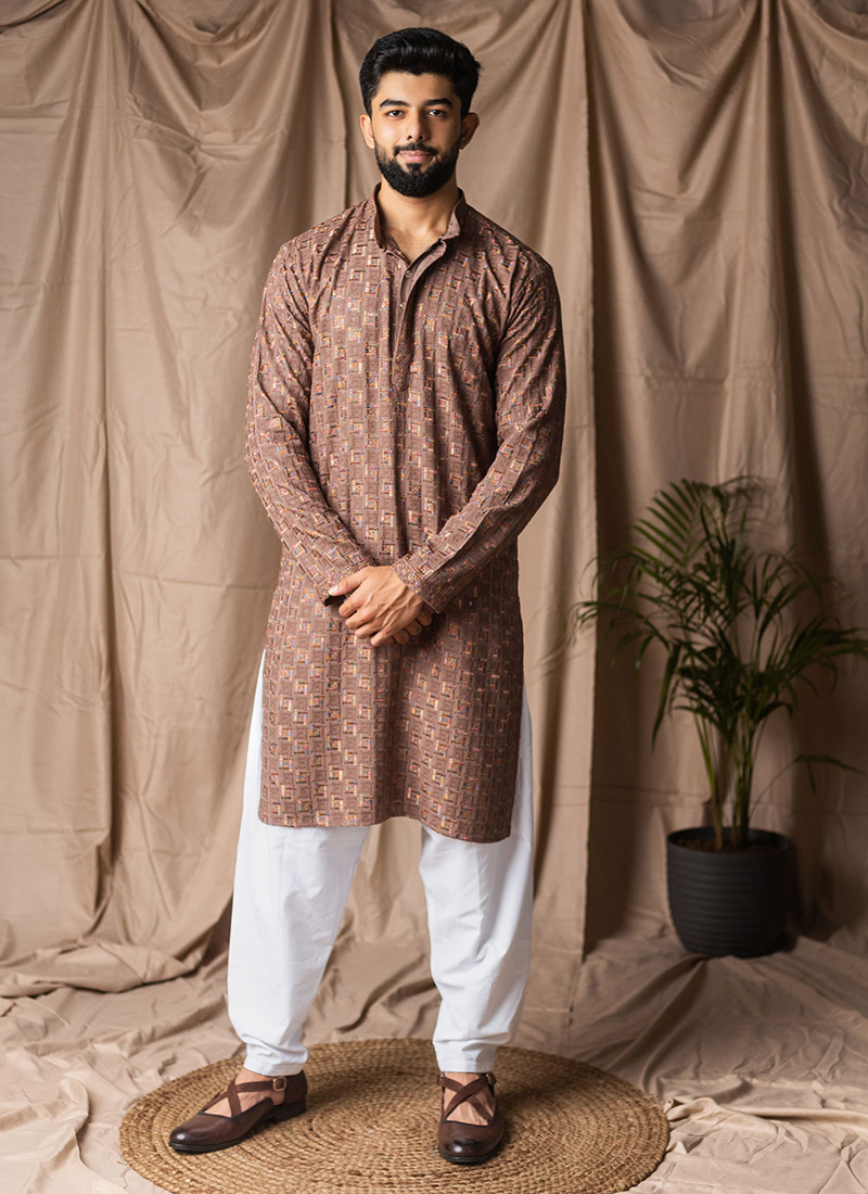 Brown Rayon Embroidered Sequins Kurta Pyjama Festive Wear