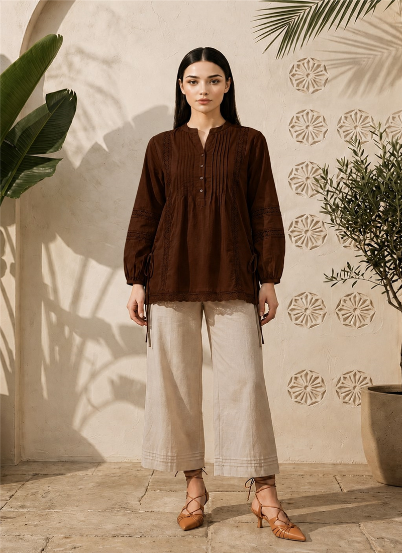 Brown Ready Lace Cotton Co Ord Set After Six Wear