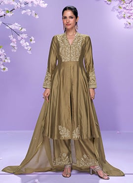 Brown Roman Silk Embroidered Beads Palazzo Suit Festive Wear