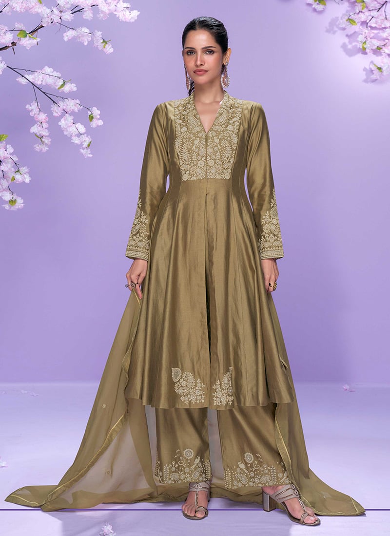Brown Roman Silk Embroidered Beads Palazzo Suit