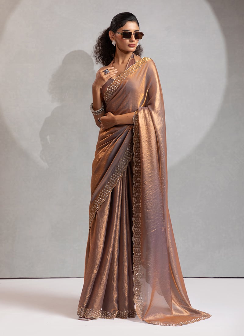 Brown Satin Silk Hand Embroidered Zari Saree