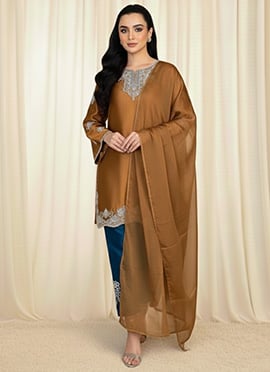 Brown Satin Silk Resham Straight Pant Suit