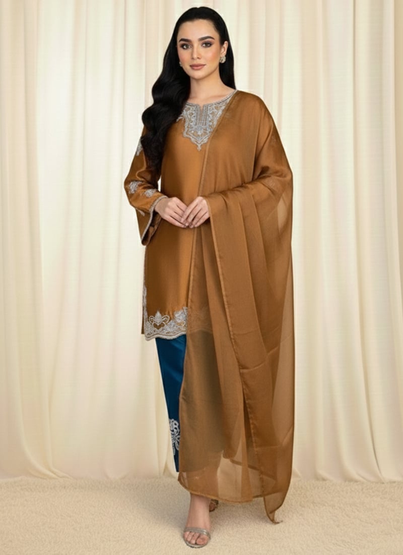 Brown Satin Silk Resham Straight Pant Suit Festive Wear