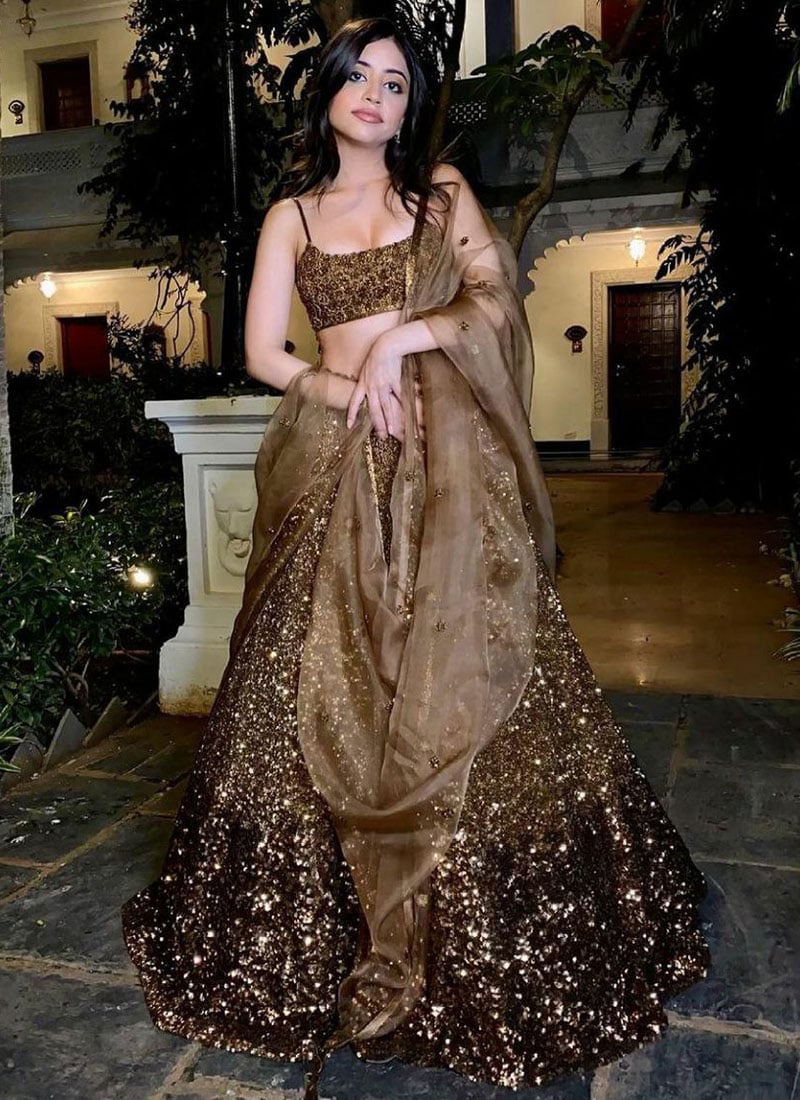 Brown Satin Silk Sequins Lehenga Wedding Wear