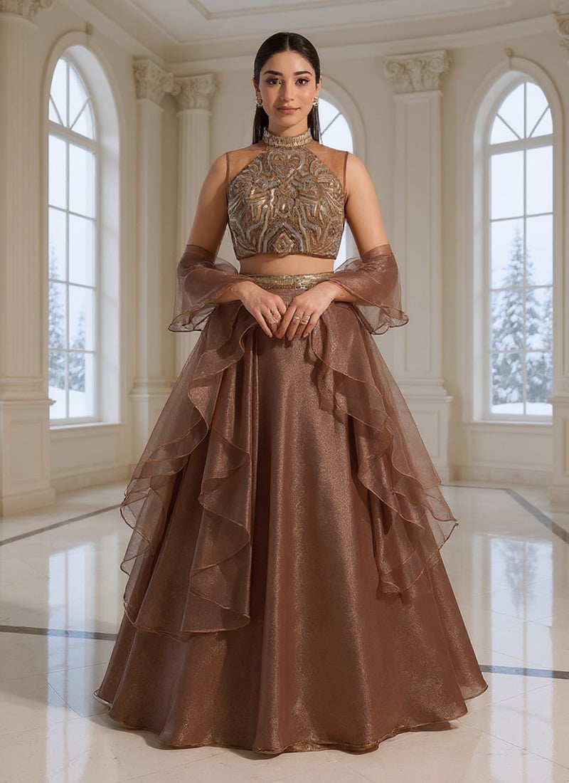 Brown Shimmer Organza Hand Embroidered Lehenga Wedding Wear