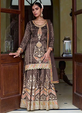 Brown Shimmer Silk Embroidered Zari Sequins Sharara Suit