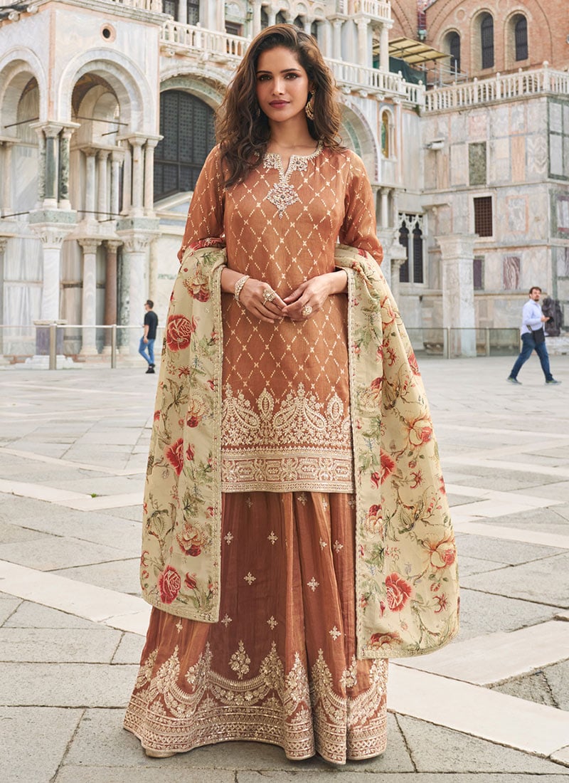 Brown Shimmer Silk Printed With Zari Embroidered Sequins Pakistani Palazzo Suit Festive Wear