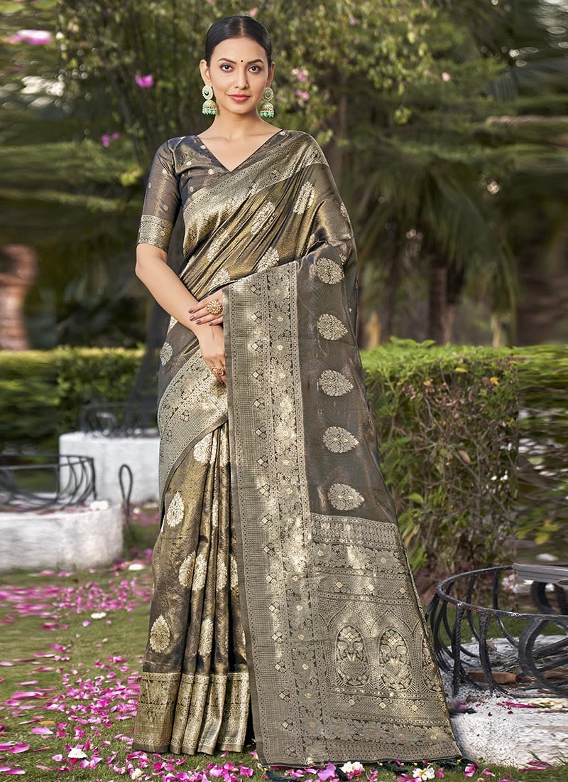 Brown Shimmer Silk Zari Woven Saree Festive Wear