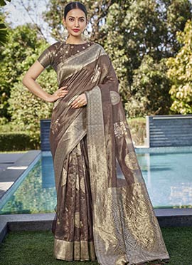 Brown Shimmer Silk Zari Woven Saree
