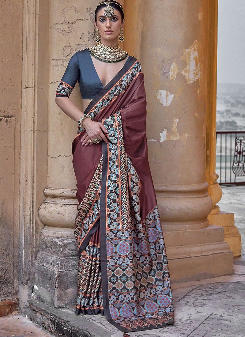 Brown Silk Ajrakh Print Saree After Six Wear