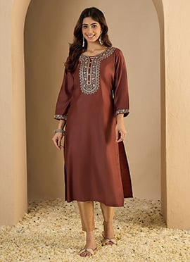 Brown Silk Blend Embroidered Long Kurti