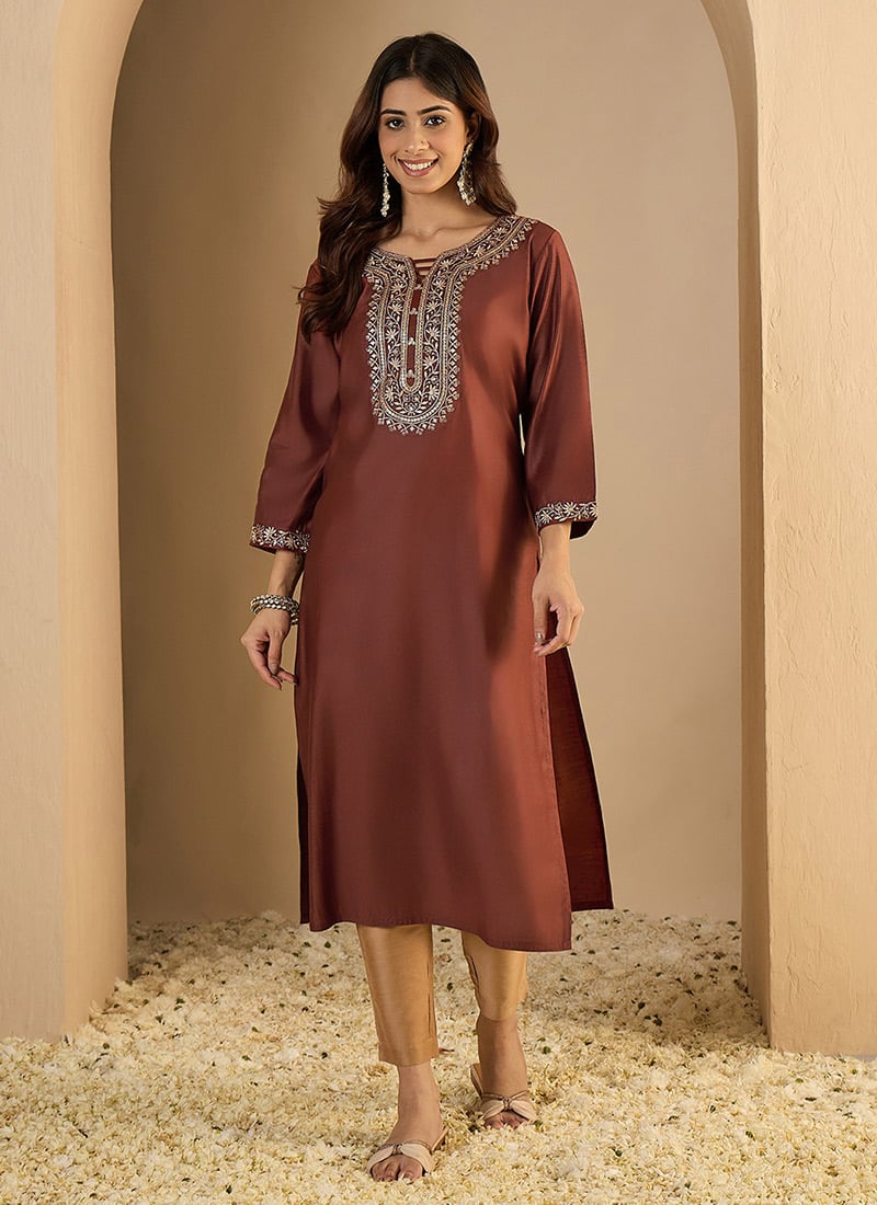 Brown Silk Blend Embroidered Long Kurti After Six Wear