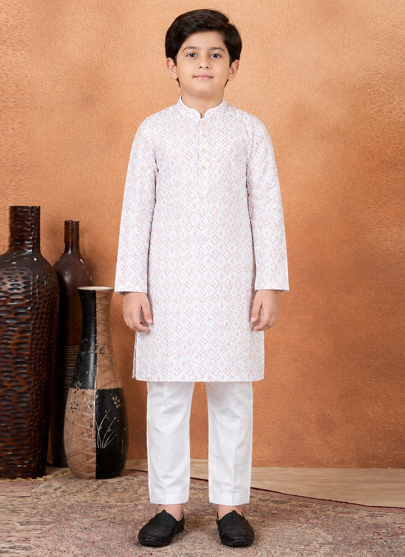 Brown Silk Digital Print Kids Boys Classic Kurta Pyjama Festive Wear