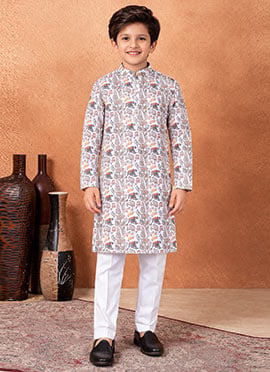 Brown Silk Digital Print Kids Boys Classy Kurta Pyjama