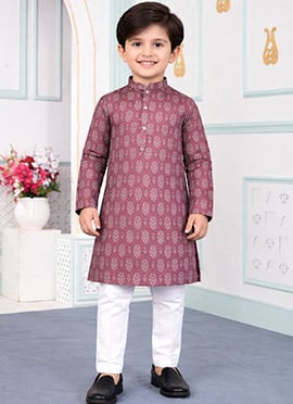 Brown Silk Digital Print Kids Boys Kurta Pyjama
