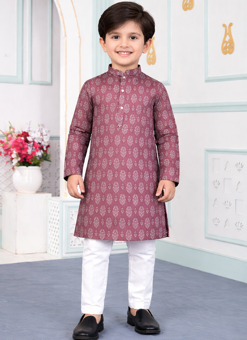 Brown Silk Digital Print Kids Boys Kurta Pyjama Festive Wear