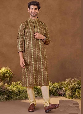 Brown Silk Digital Print Kurta Pyjama For Men
