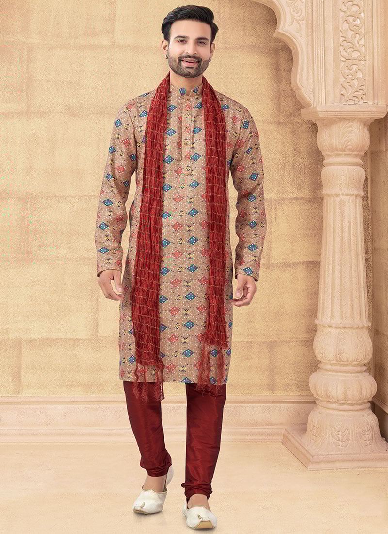 Brown Silk Digital Print Kurta Pyjama Festive Wear