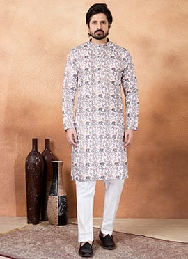 Brown Silk Digital Print Mens Kurta