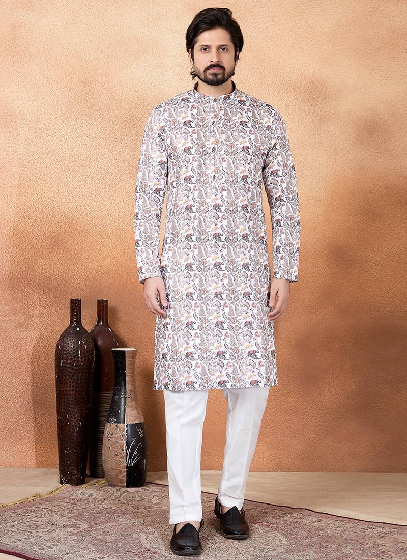 Brown Silk Digital Print Mens Kurta