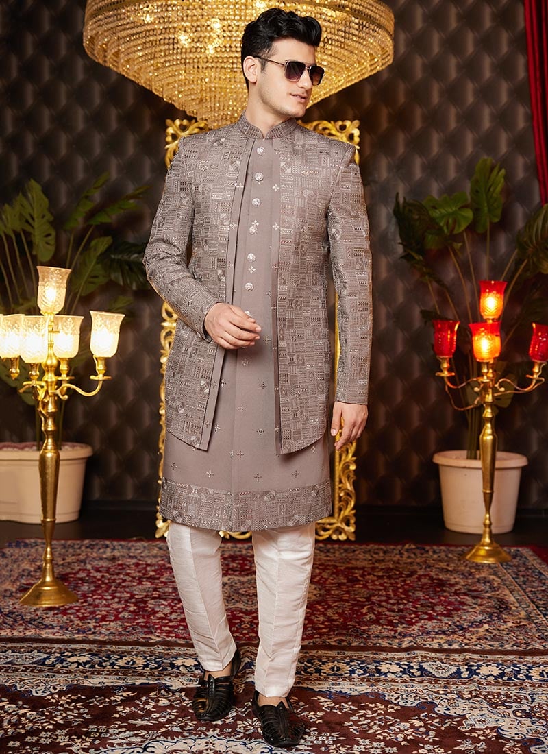 Brown Silk Embroidered And Sequins Thread Indowestern Sherwani Wedding Wear