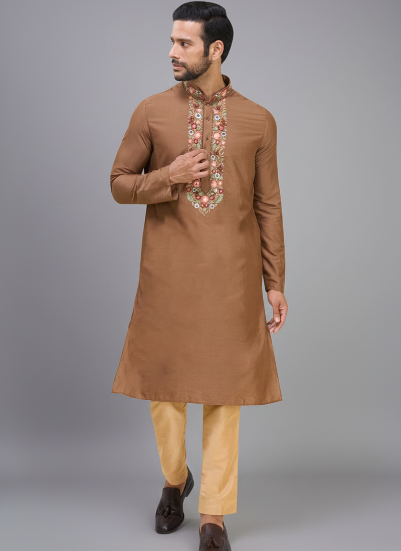 Brown Silk Embroidered Classy Kurta Pyjama Festive Wear