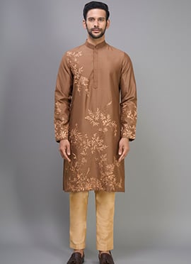 Brown Silk Embroidered Dapper Kurta Pyjama