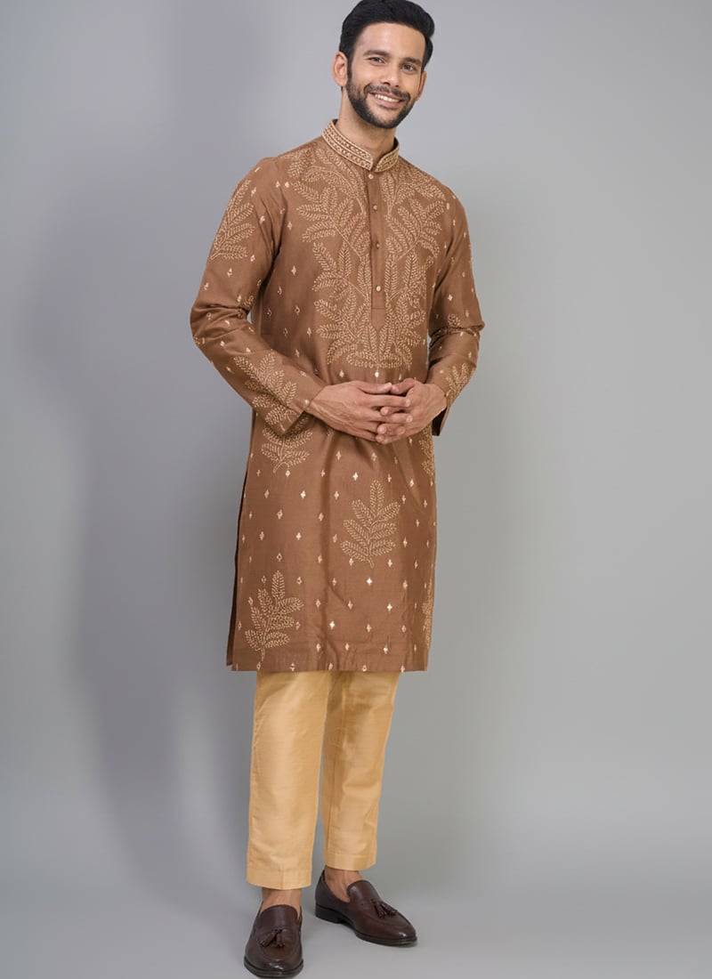 Brown Silk Embroidered Elegant Kurta Pyjama Festive Wear