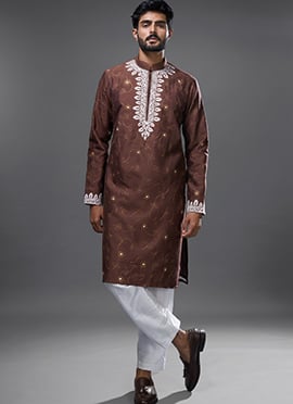 Brown Silk Embroidered Exquisite Kurta Pyjama