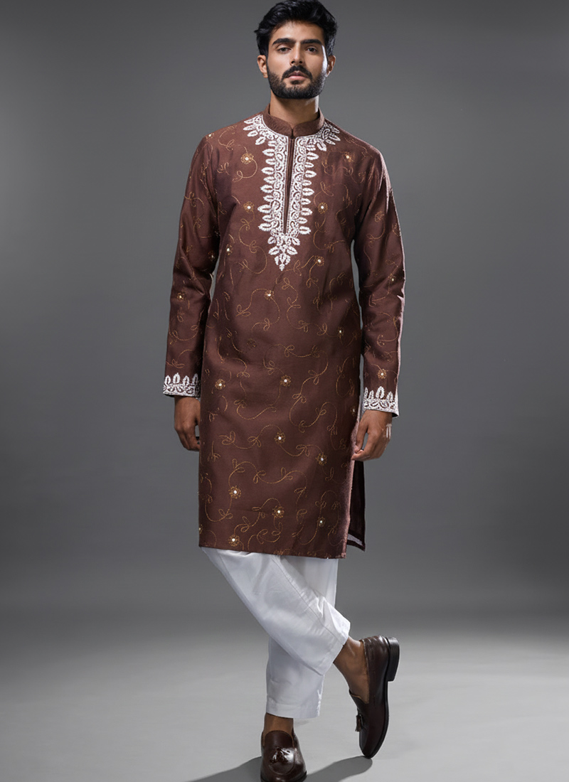 Brown Silk Embroidered Exquisite Kurta Pyjama Festive Wear