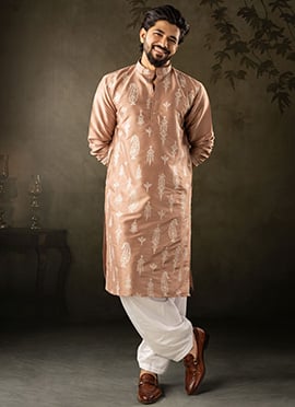 Brown Silk Embroidered Kurta Pyjama For Men