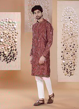 Brown Silk Embroidered Kurta Pyjama