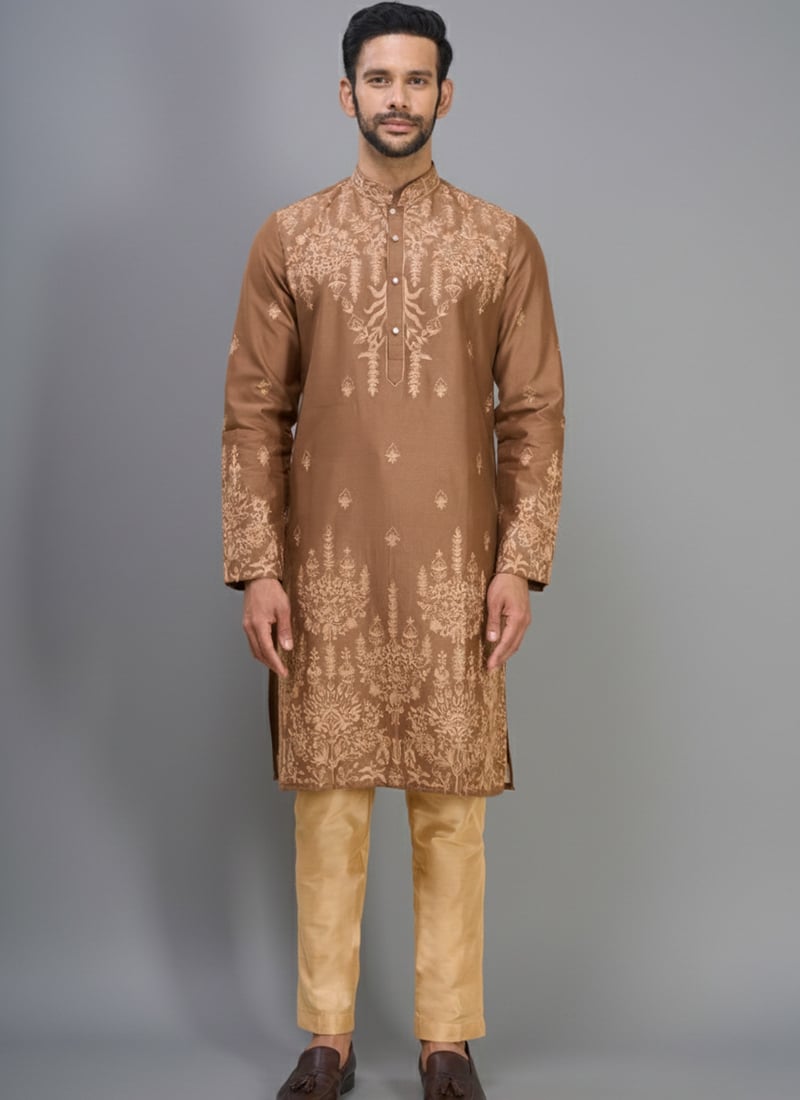 Brown Silk Embroidered Luxurious Kurta Pyjama Festive Wear