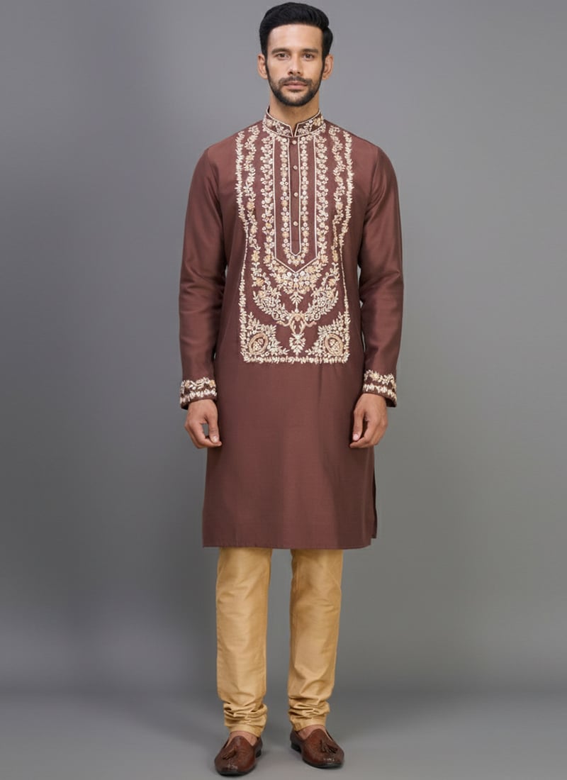 Brown Silk Embroidered Majestic Kurta Pyjama Festive Wear