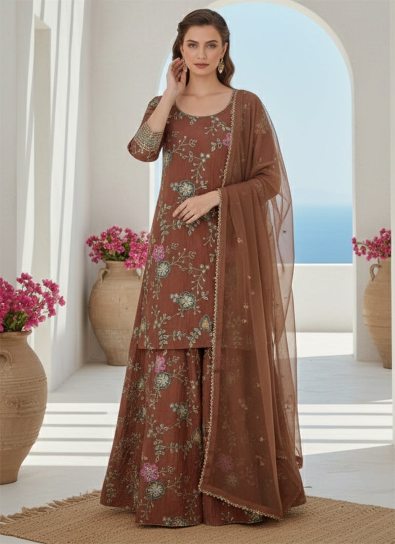 Brown Silk Embroidered Palazzo Suit Festive Wear
