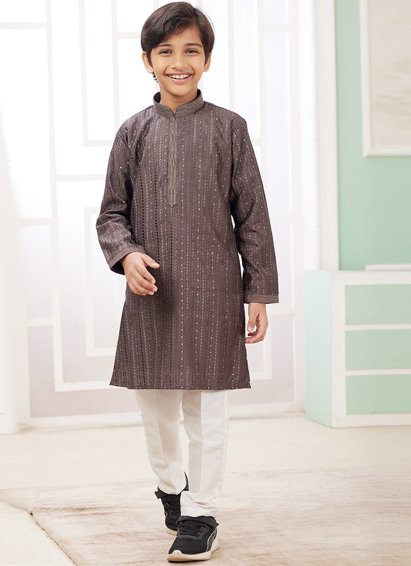 Brown Silk Embroidered Sequins Kids Boys Kurta Pyjama Festive Wear