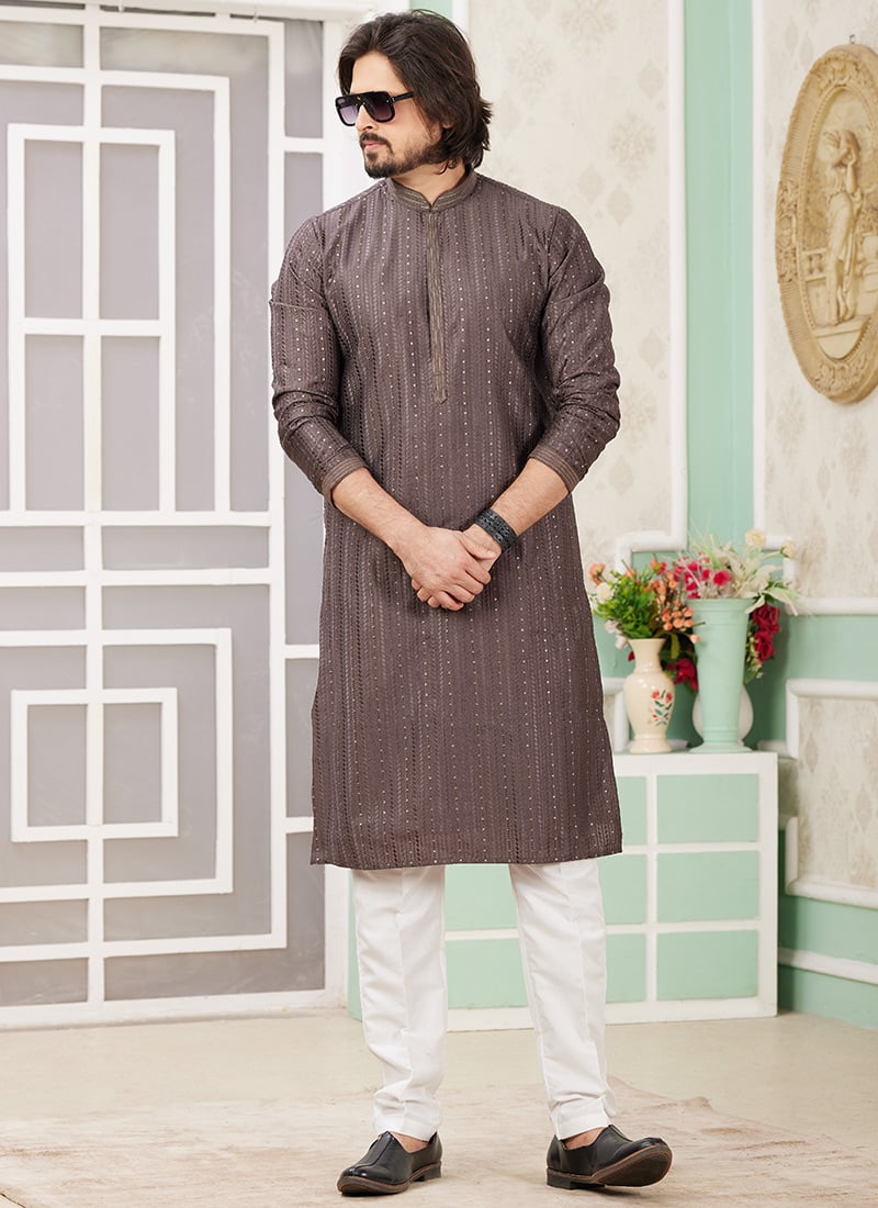 Brown Silk Embroidered Sequins Kurta Pyjama For Men Festive Wear