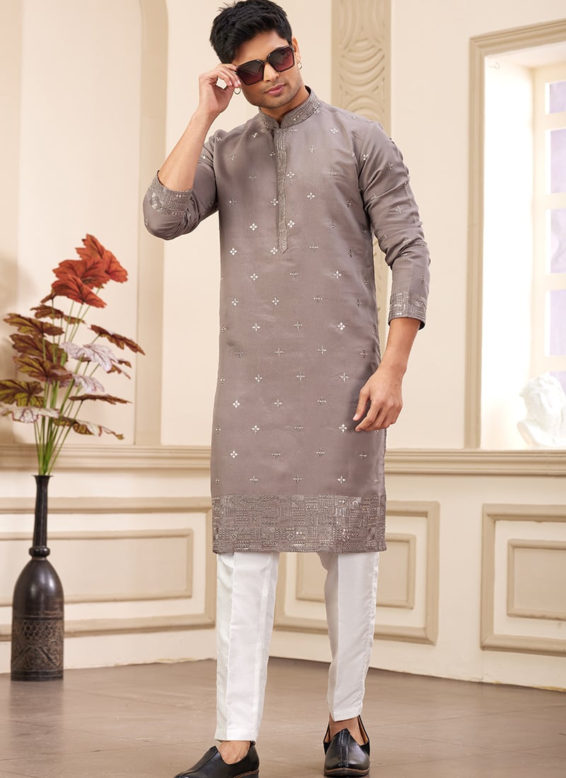 Brown Silk Embroidered Sequins Kurta Pyjama Festive Wear