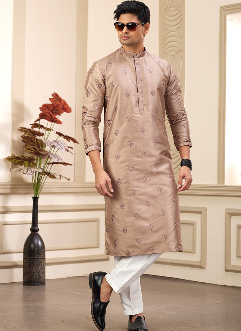 Brown Silk Embroidered Sequins Kurta Pyjama