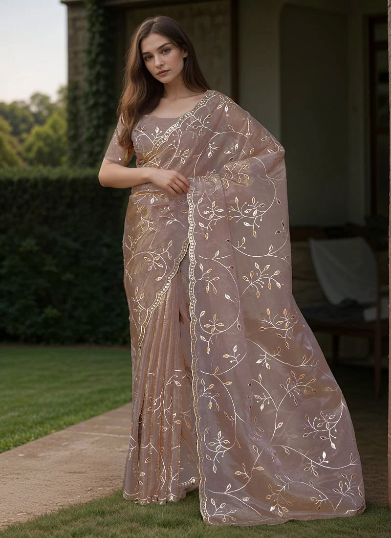 Brown Silk Embroidered Sequins Saree Festive Wear